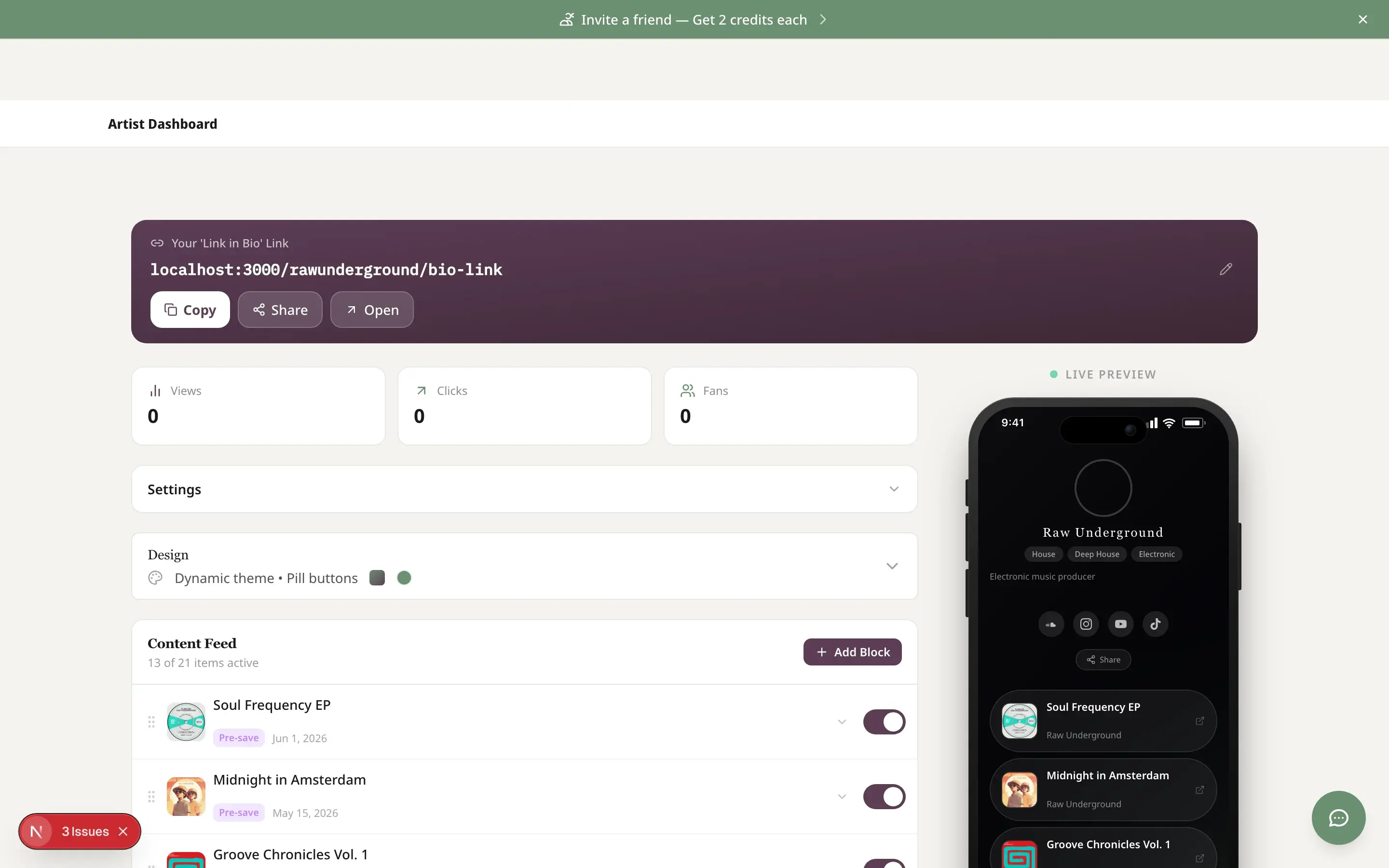 Bio Link editor showing blocks and customization