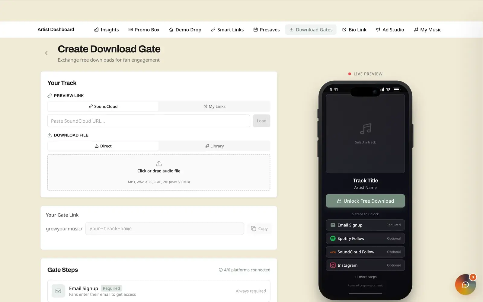 Create Download Gate wizard — upload your track and add artwork