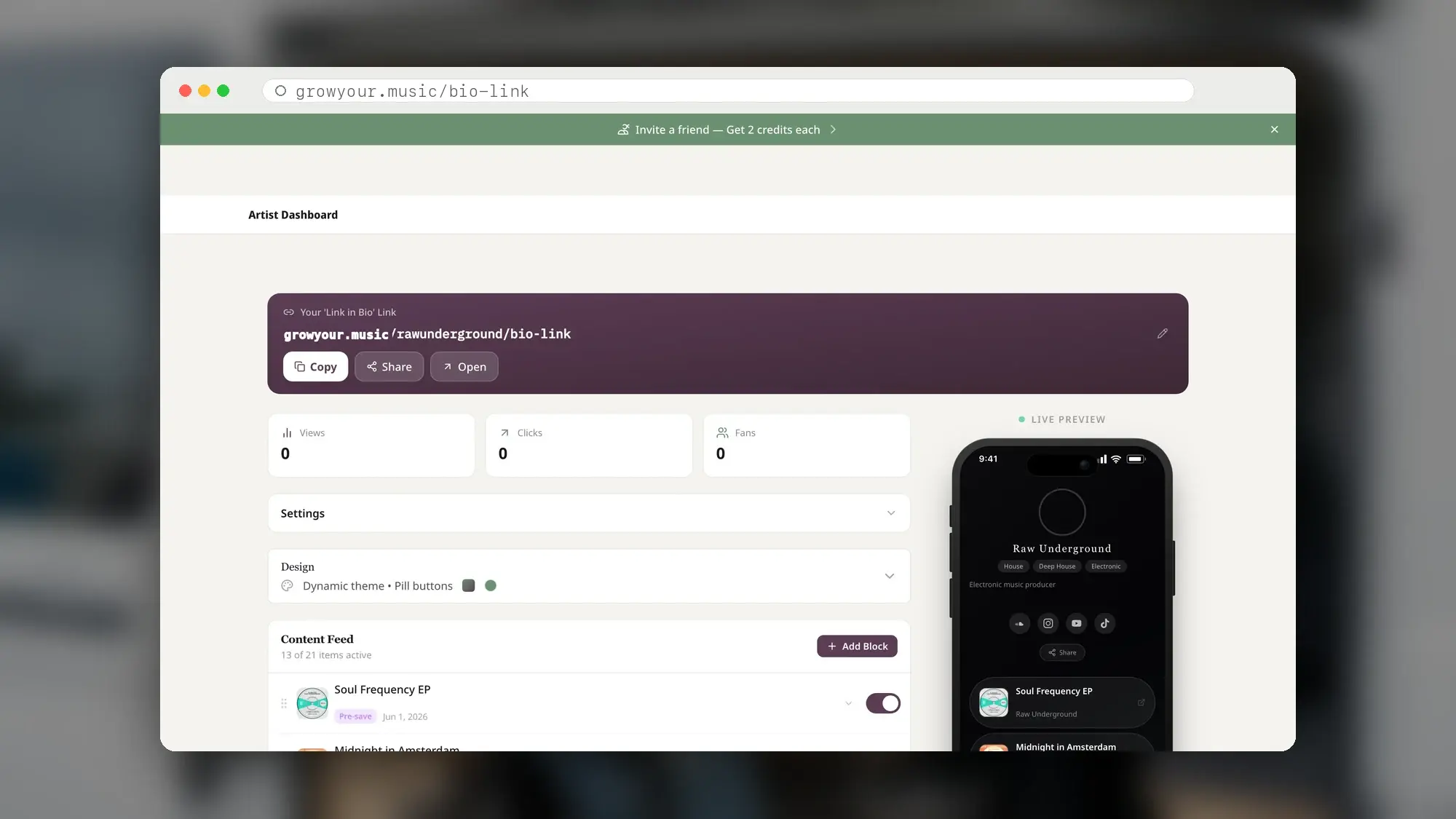 Bio Link artist profile shown on a desktop computer