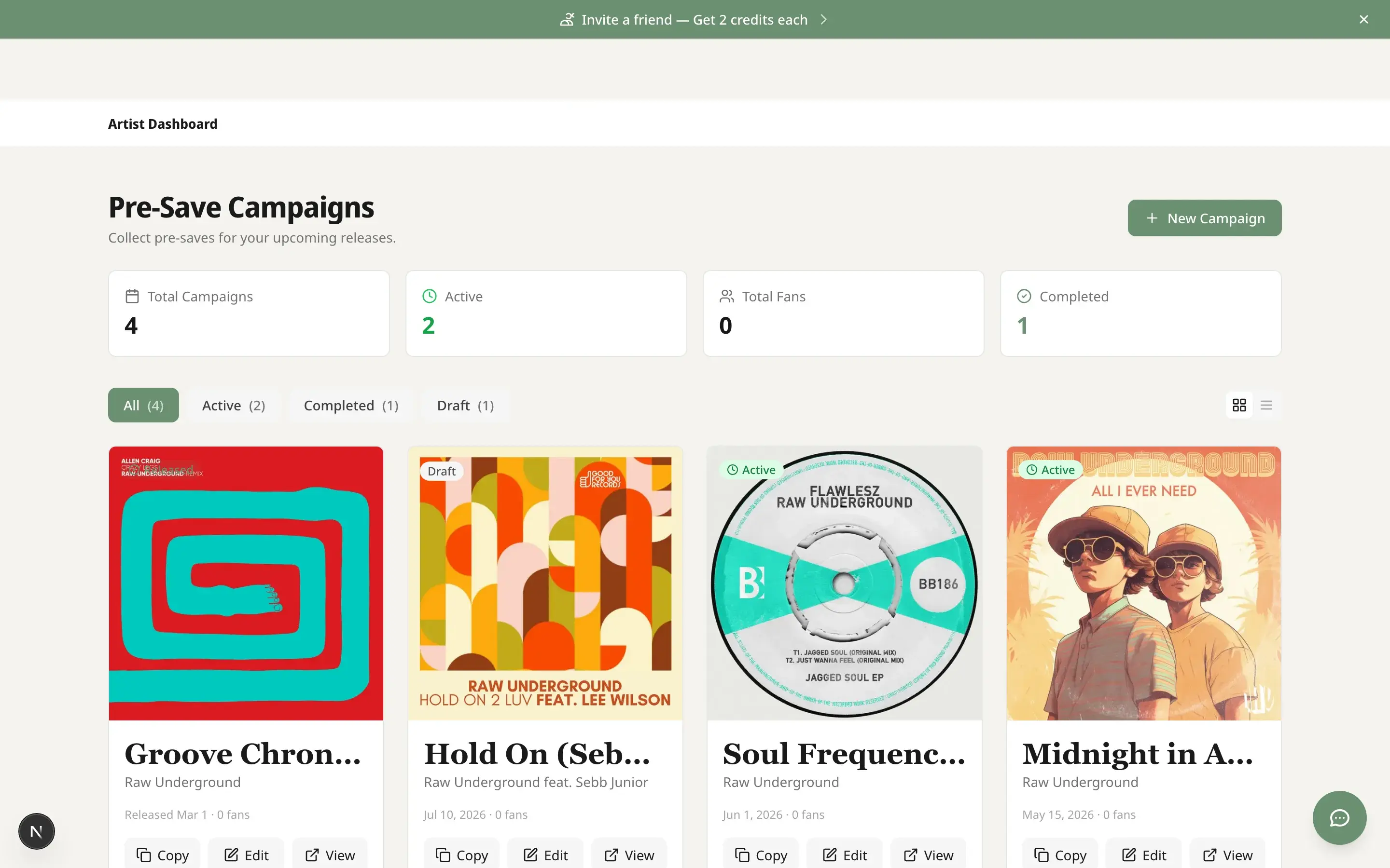 Pre-save campaigns dashboard