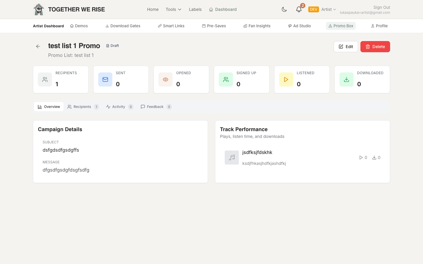 Promo Box analytics dashboard tracking opens, clicks, and feedback