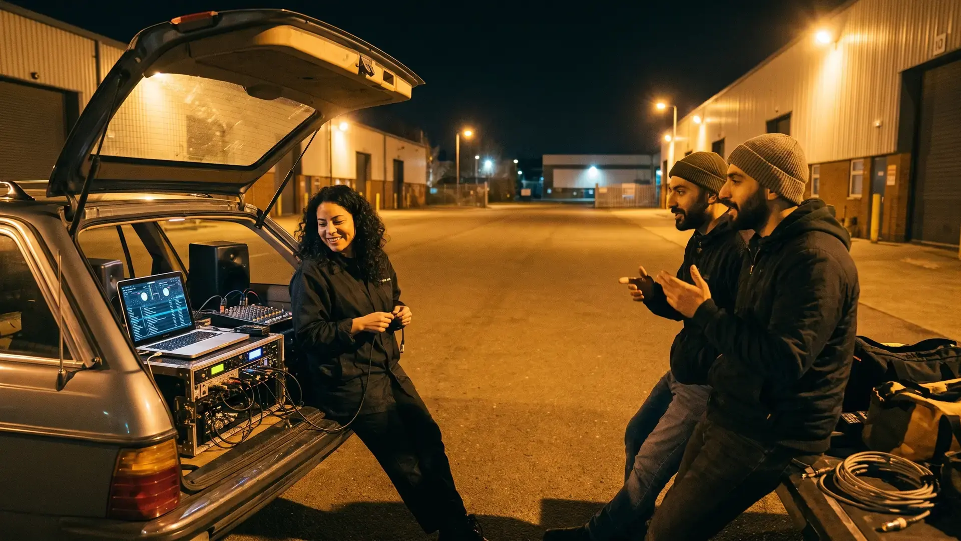 Two friends listening to a bounce on a portable rig at an open car boot at night: the bass label directory