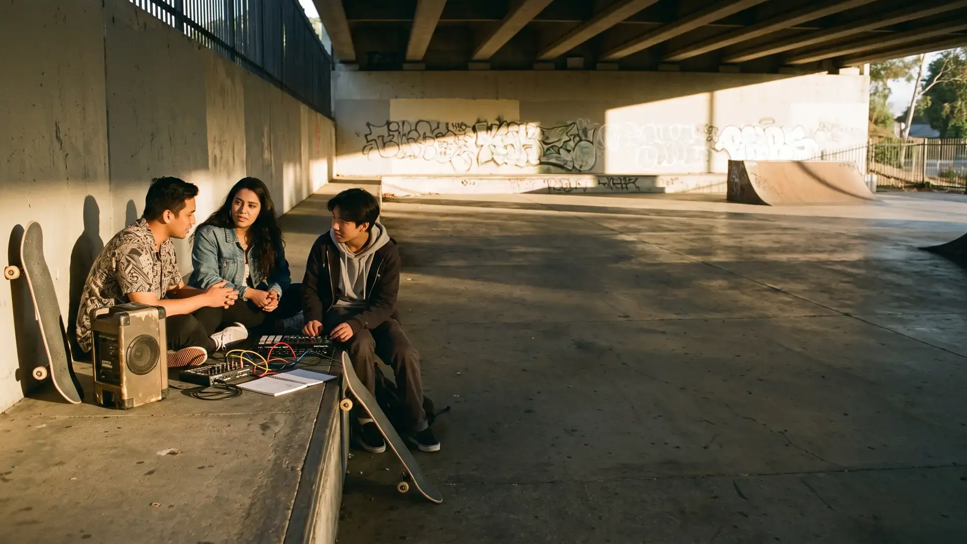 Three friends around a portable speaker in a skate-park underpass in the afternoon: the breaks label directory