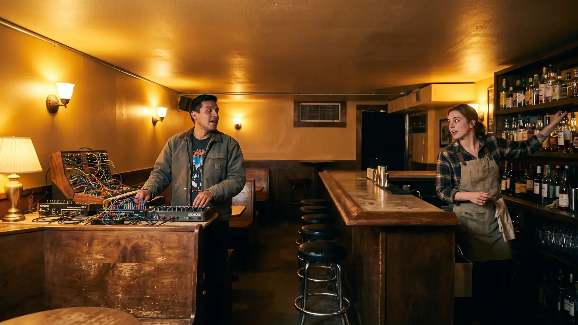 A resident soundchecking in a warm basement bar before doors: the deep house label directory