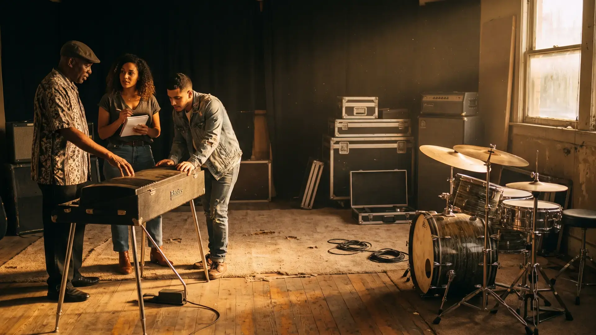 Three musicians around a Rhodes and a drum kit in an old rehearsal room in the afternoon: the disco label directory