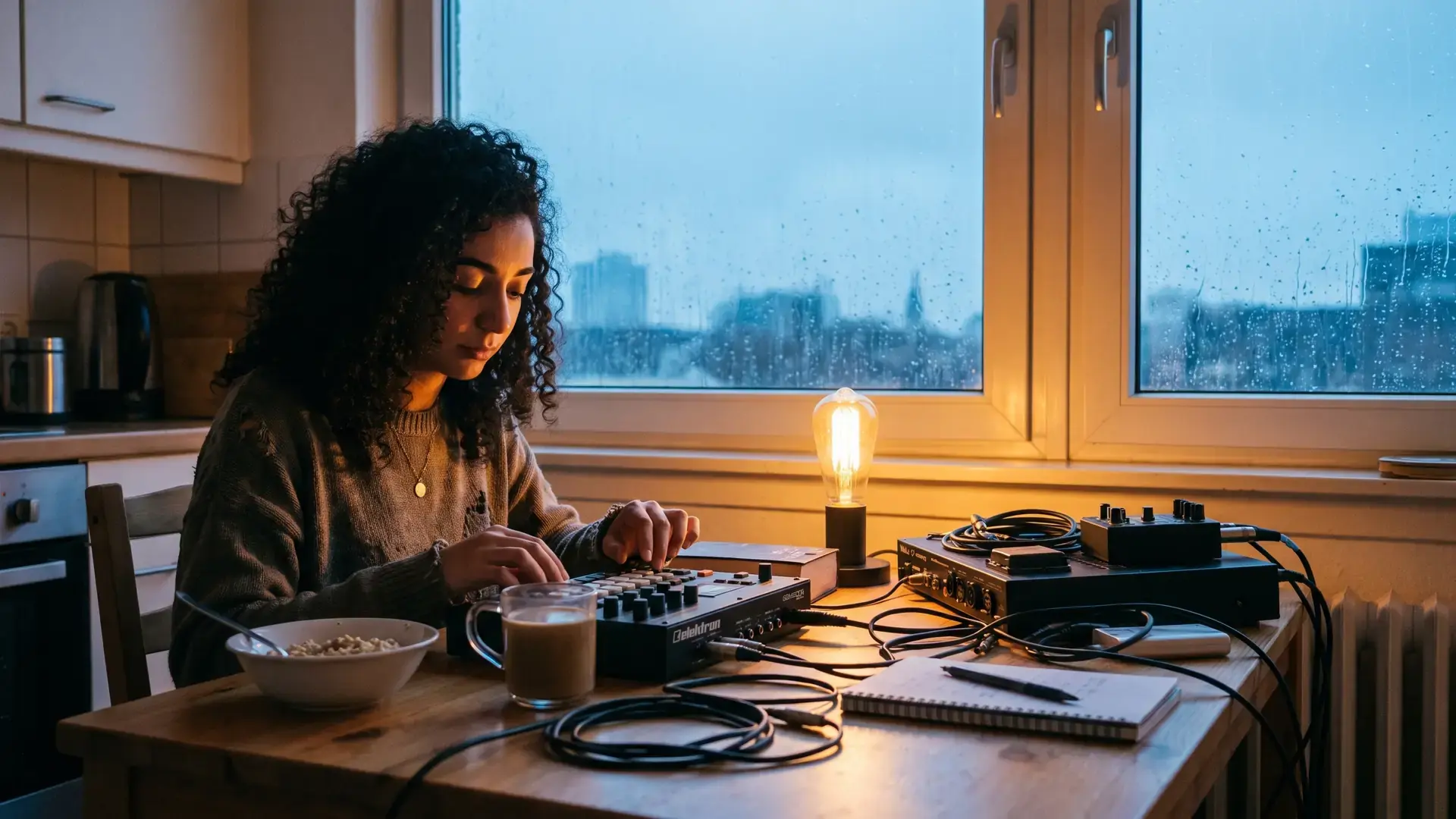 A producer at a kitchen table at dawn with a sampler and a coffee, rain on the window: the downtempo label directory