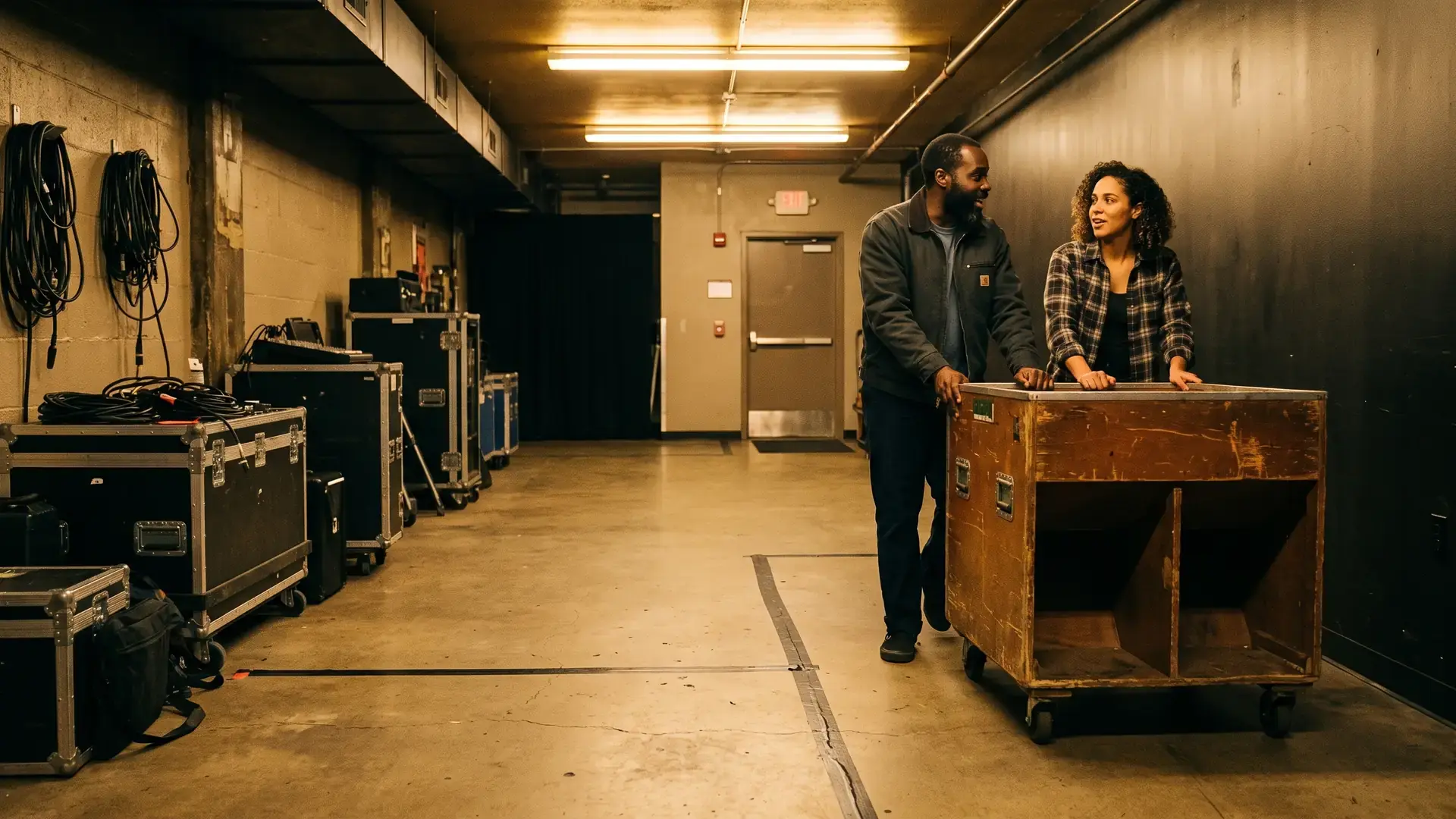 Two people wheeling a bass bin down a venue corridor at soundcheck: the drum and bass label directory