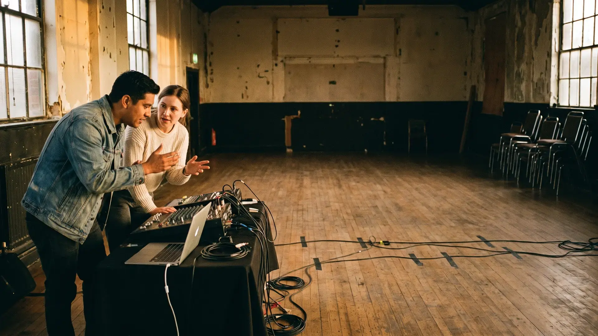 A soundcheck in an empty room with the house lights up and cables taped down: the electro house label directory