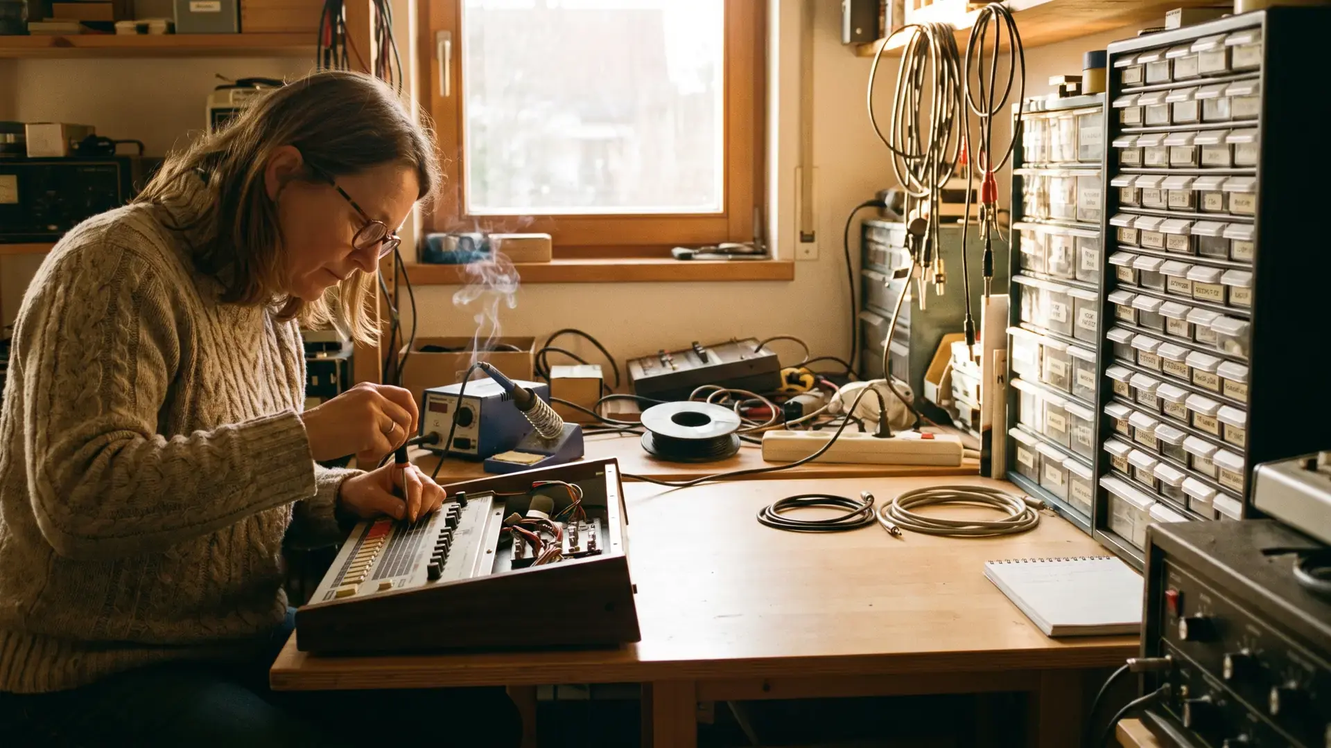 A drum machine opened up on an electronics bench with a screwdriver and solder: the electro label directory