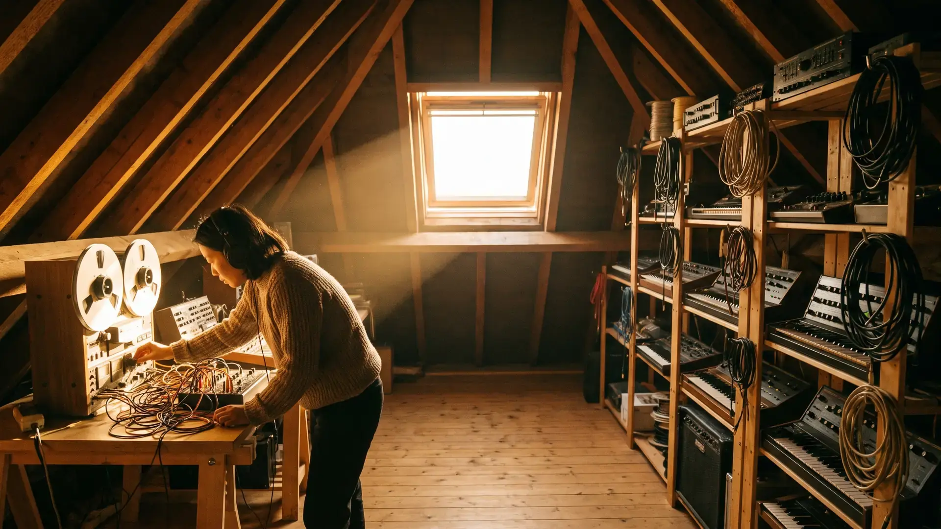 A converted attic full of tape machines and cables with dust in the light: the electronica label directory