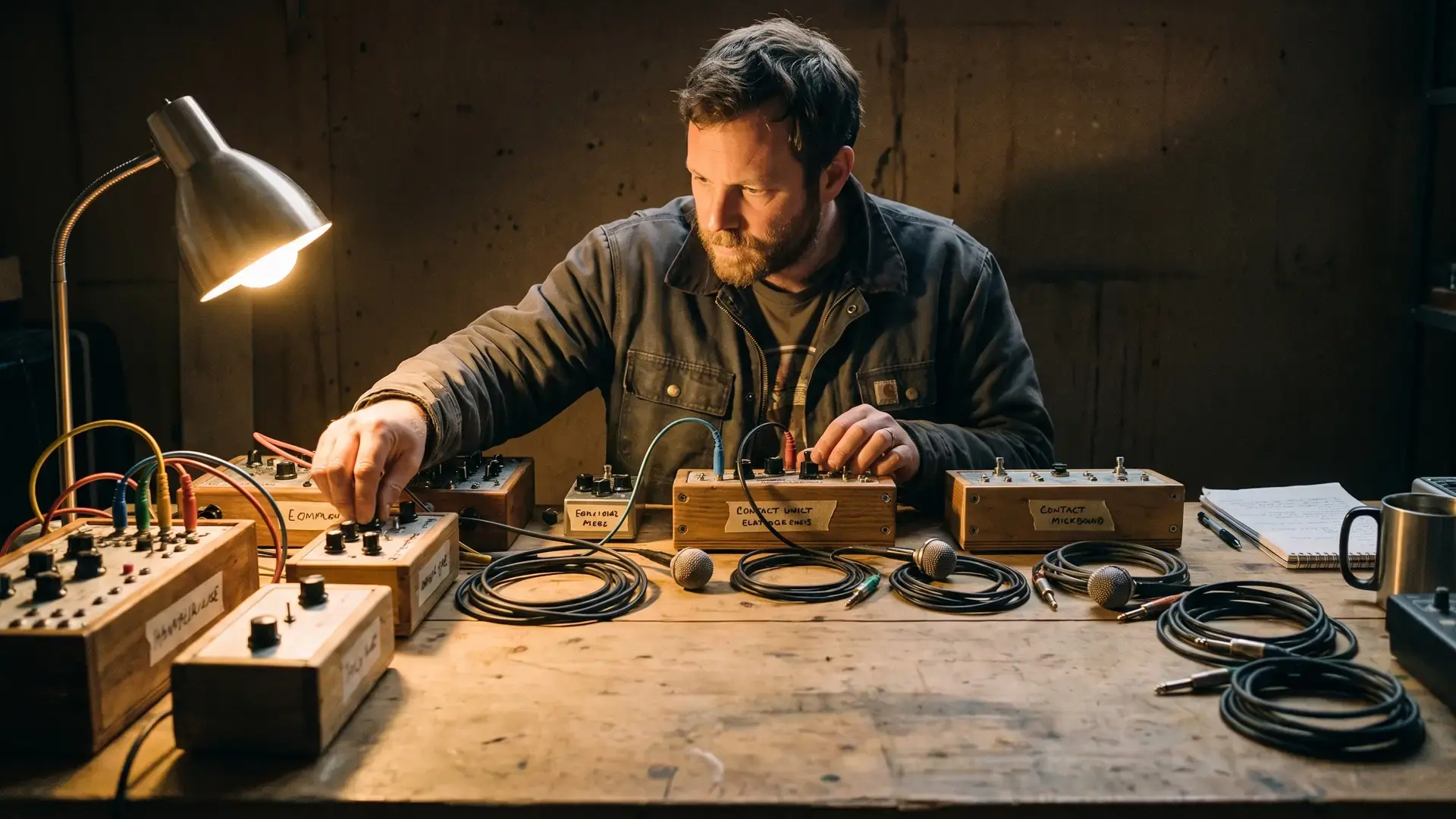 A workbench of contact mics and hand-built boxes under workshop light: the experimental label directory