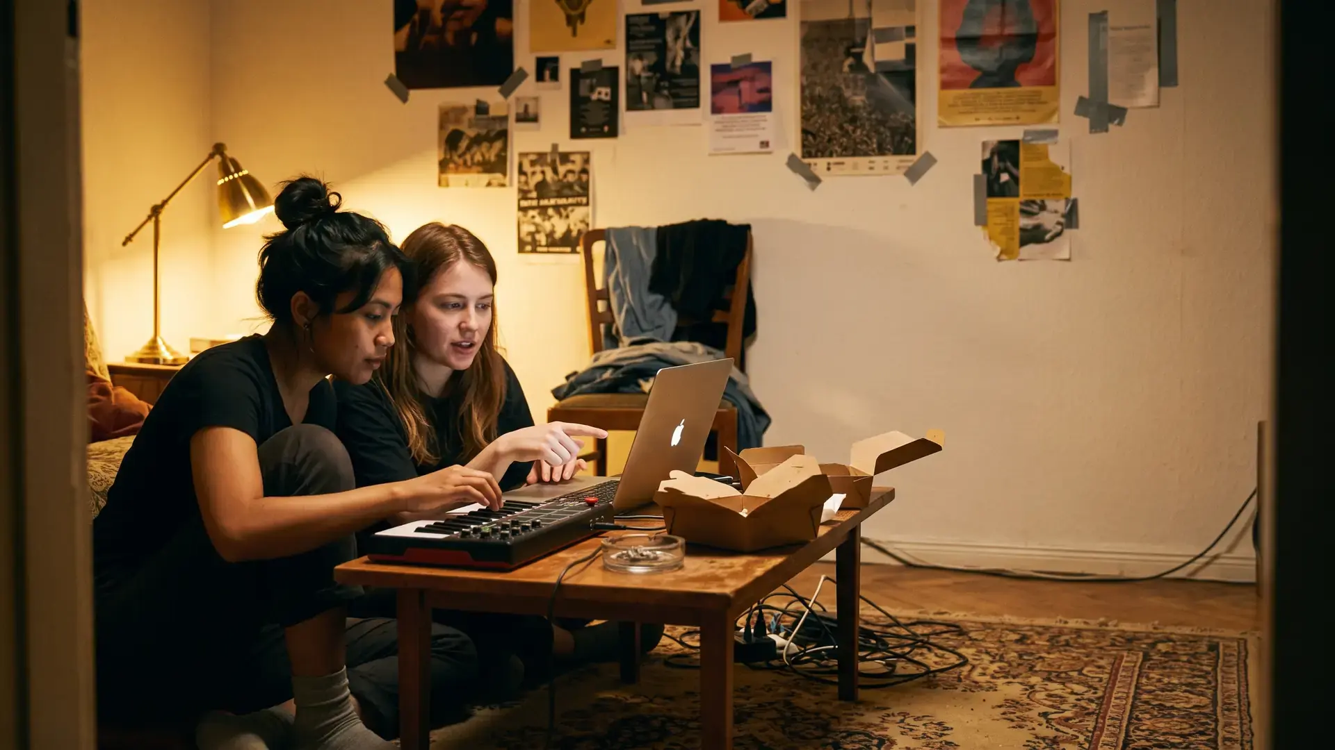 Two producers on the floor of a cluttered flat working on a track late at night: the future house label directory