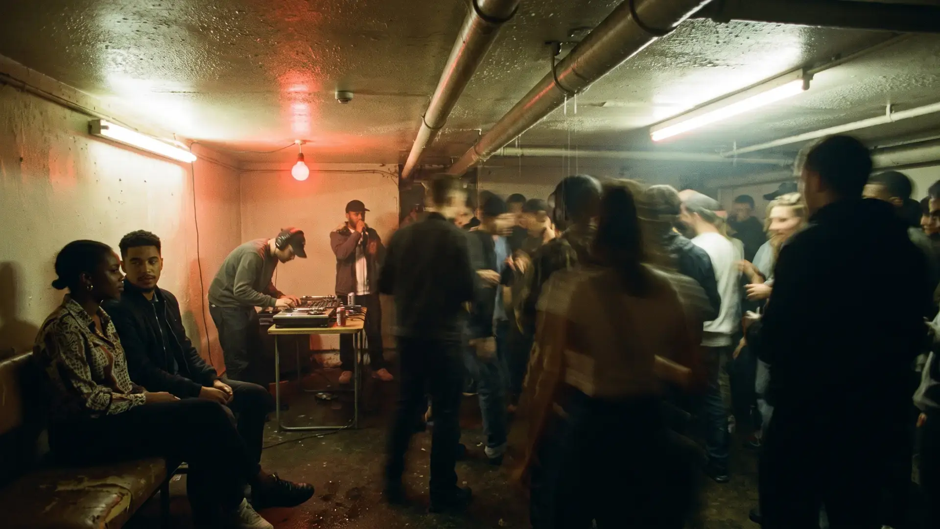 A packed low-ceilinged basement party with an MC on the mic, the UK garage label directory