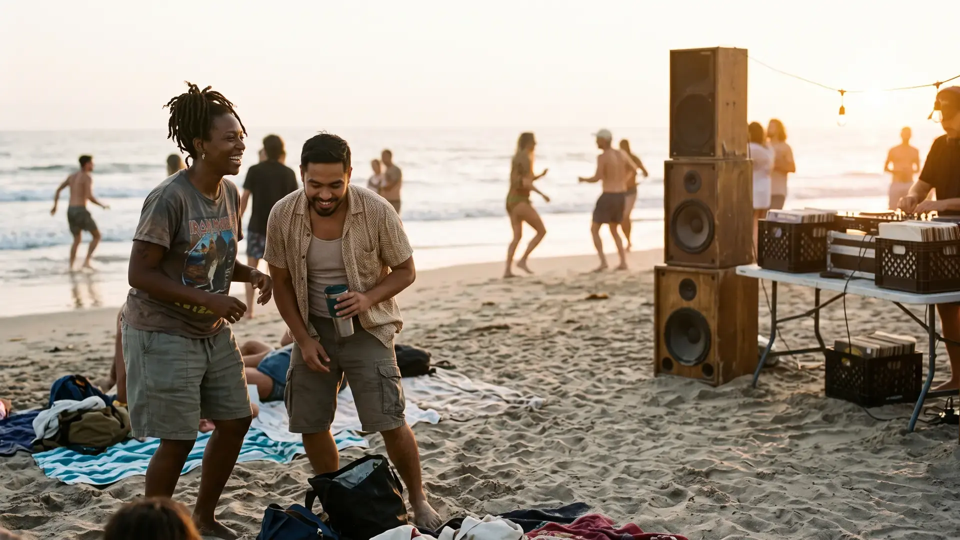 A beach party at golden hour with a small sound system on the sand: the house label directory