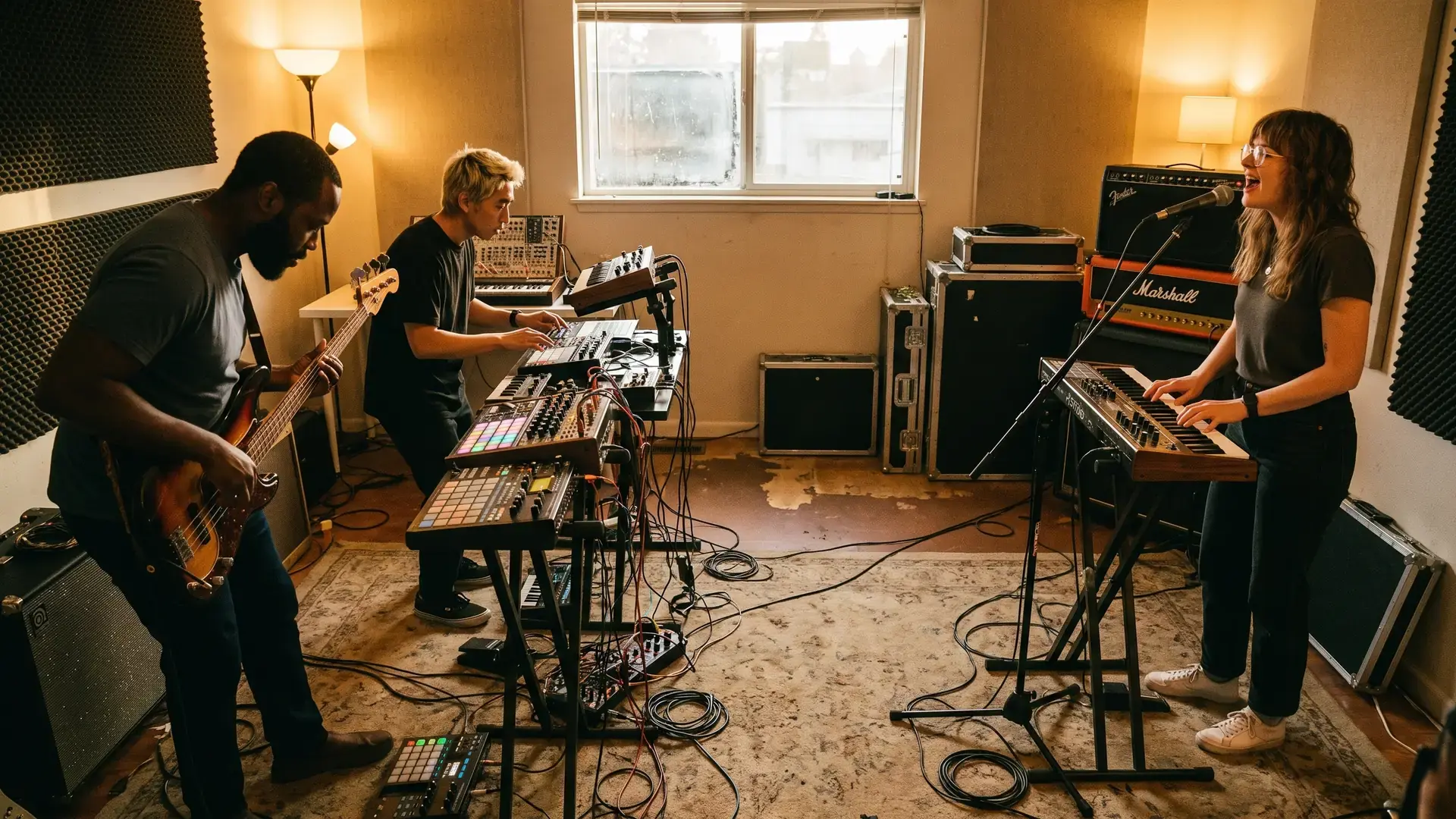 A three-piece band mid-song with bass, drum machine and synth: the indie dance label directory