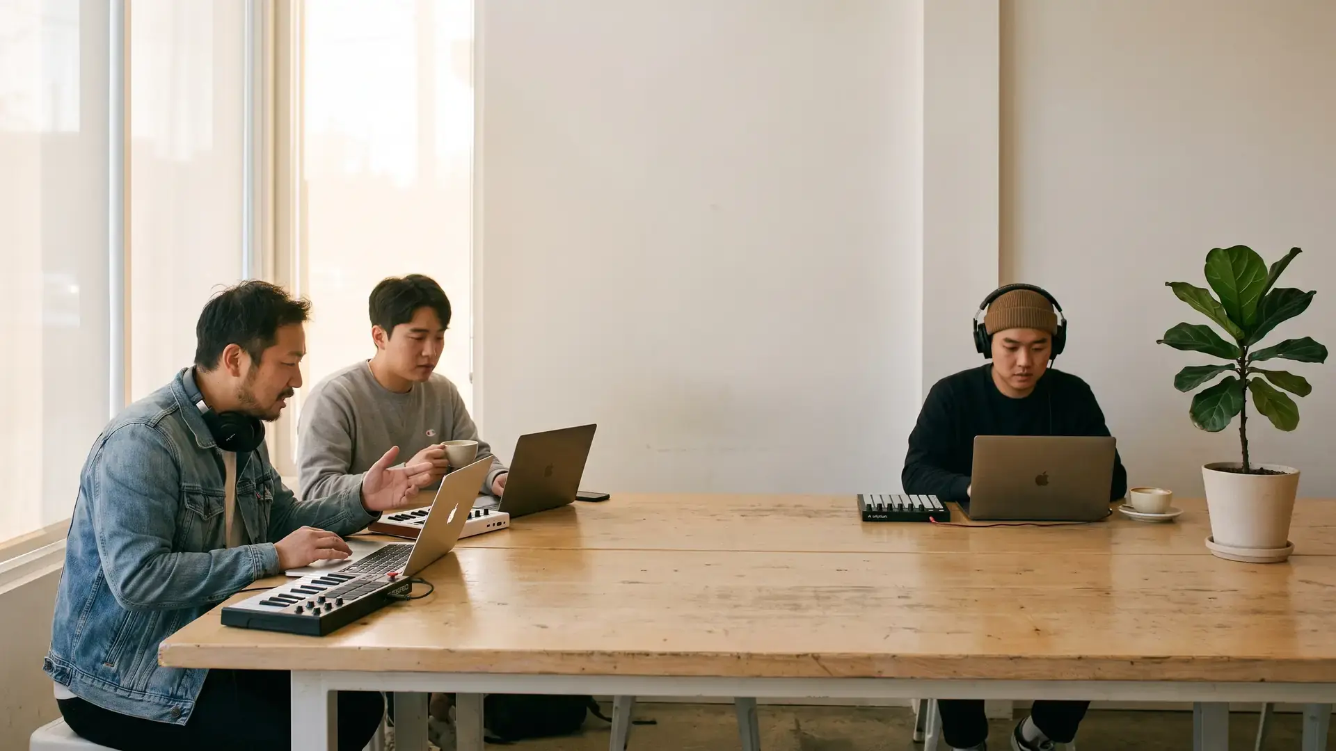 Three producers working on laptops and controllers at a shared coffee-shop table: the minimal label directory