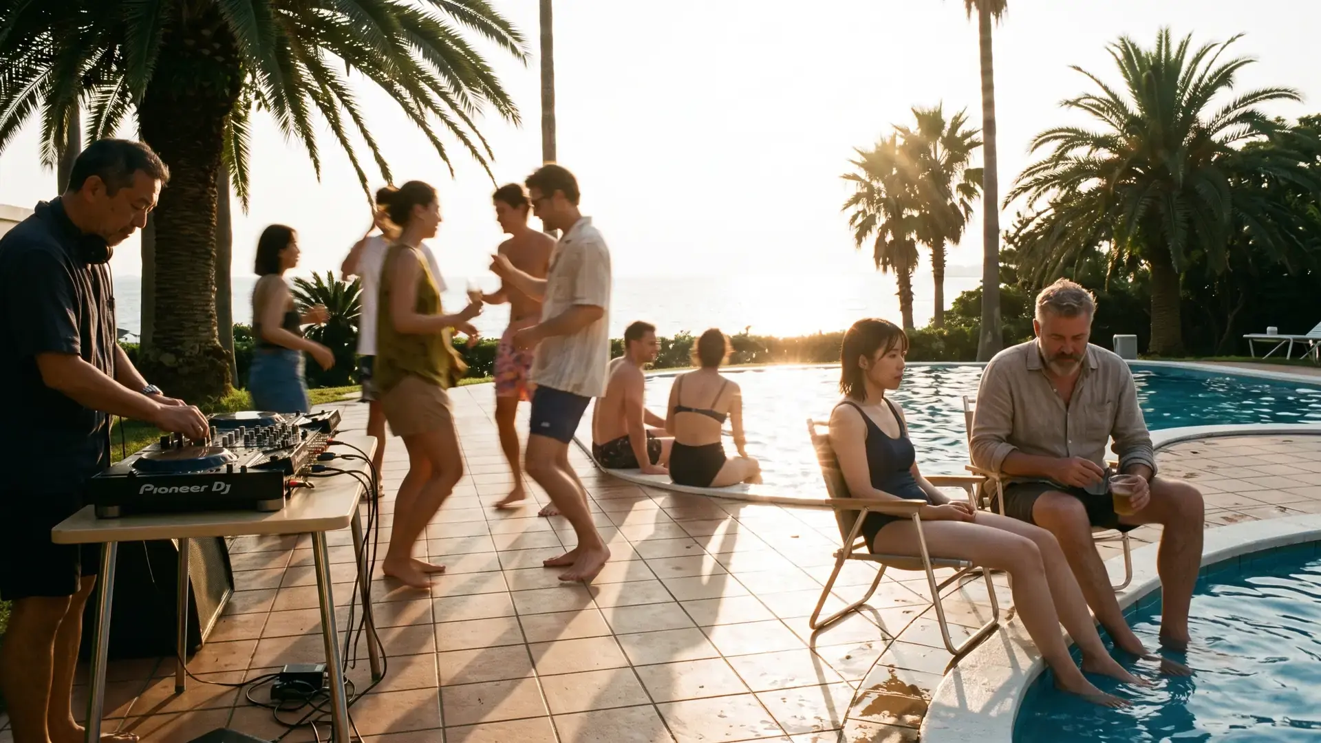 A poolside party in golden hour with a DJ playing vinyl by the water: the nu-disco label directory
