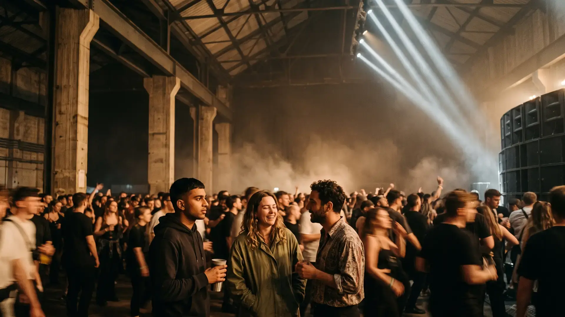 A packed warehouse main room at a large daytime rave: the tech house label directory