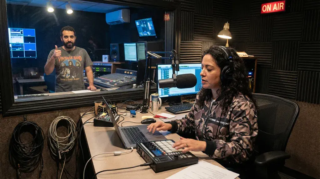 Producer working in dimly lit studio