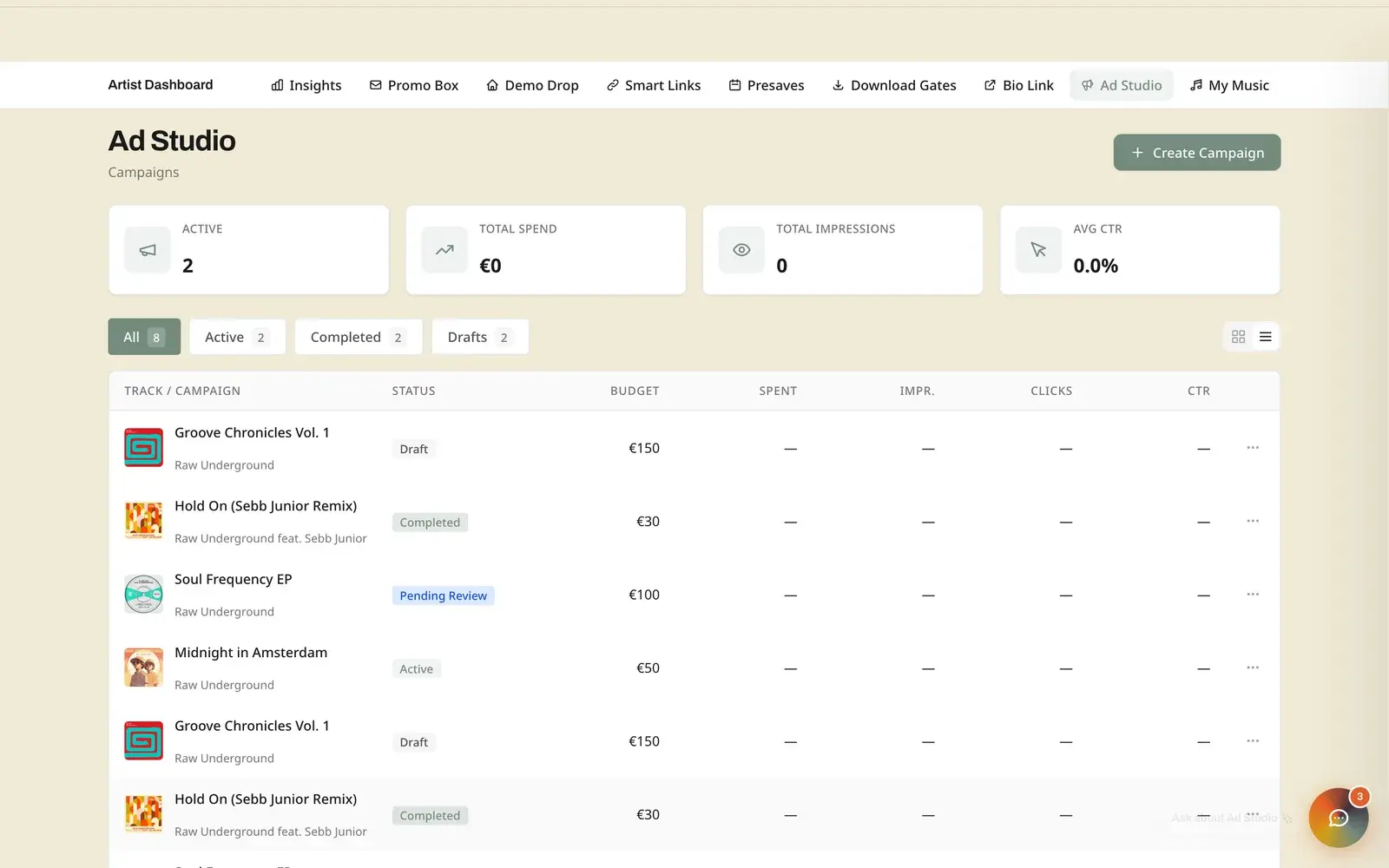 Ad Studio dashboard tracking spend, reach, and conversions across campaigns