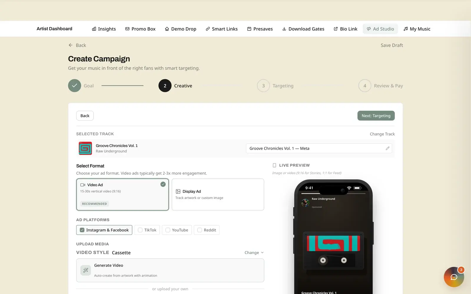 Ad Studio campaign configurator — choosing a campaign goal