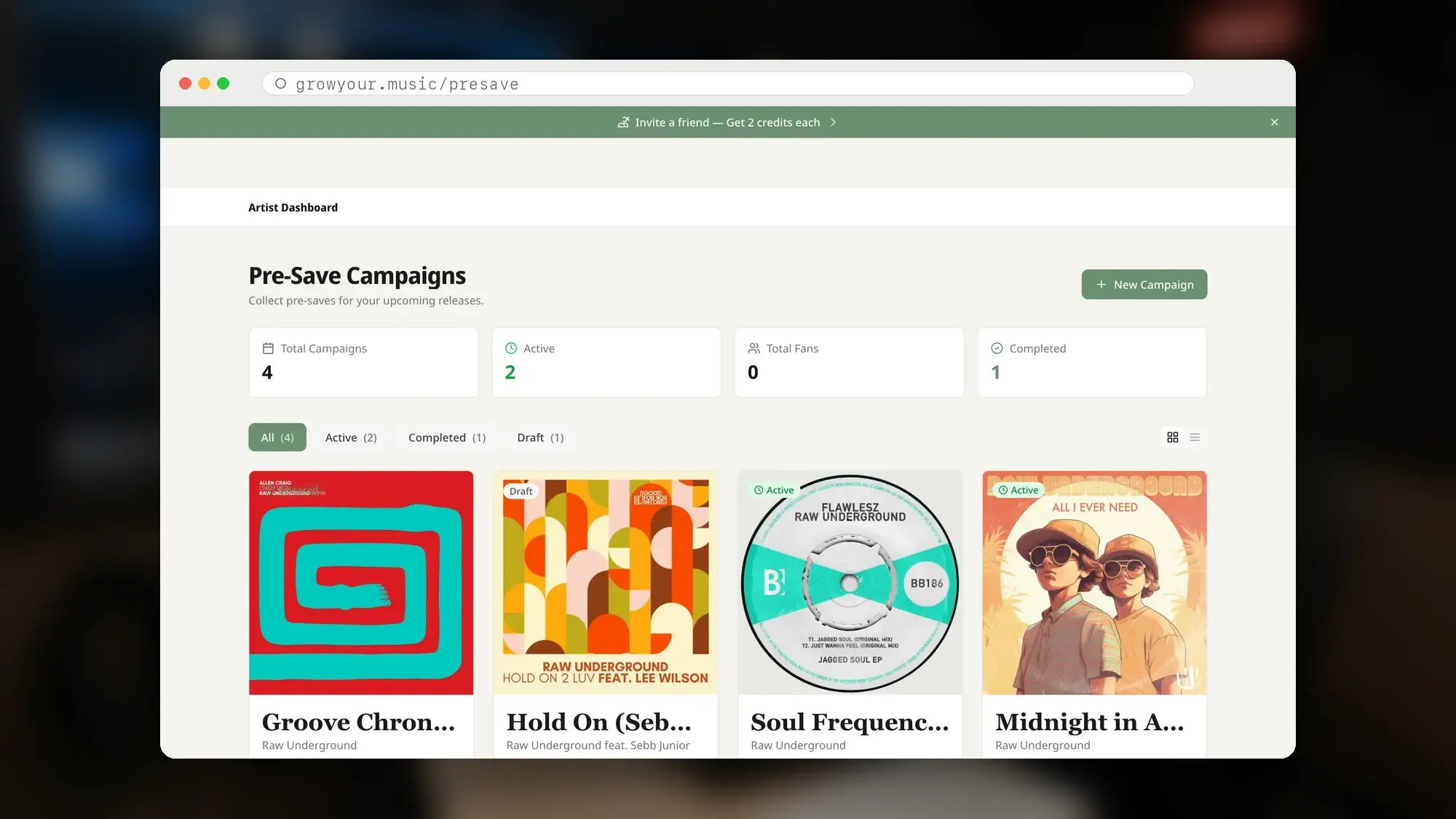 Pre-save campaign dashboard shown on a desktop computer