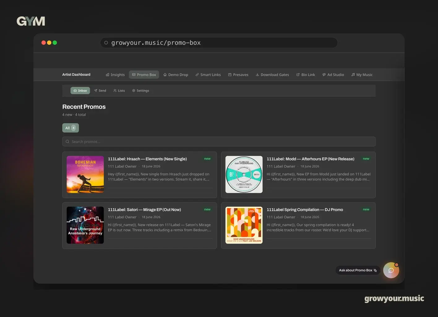 Promo Box dashboard shown on a desktop computer