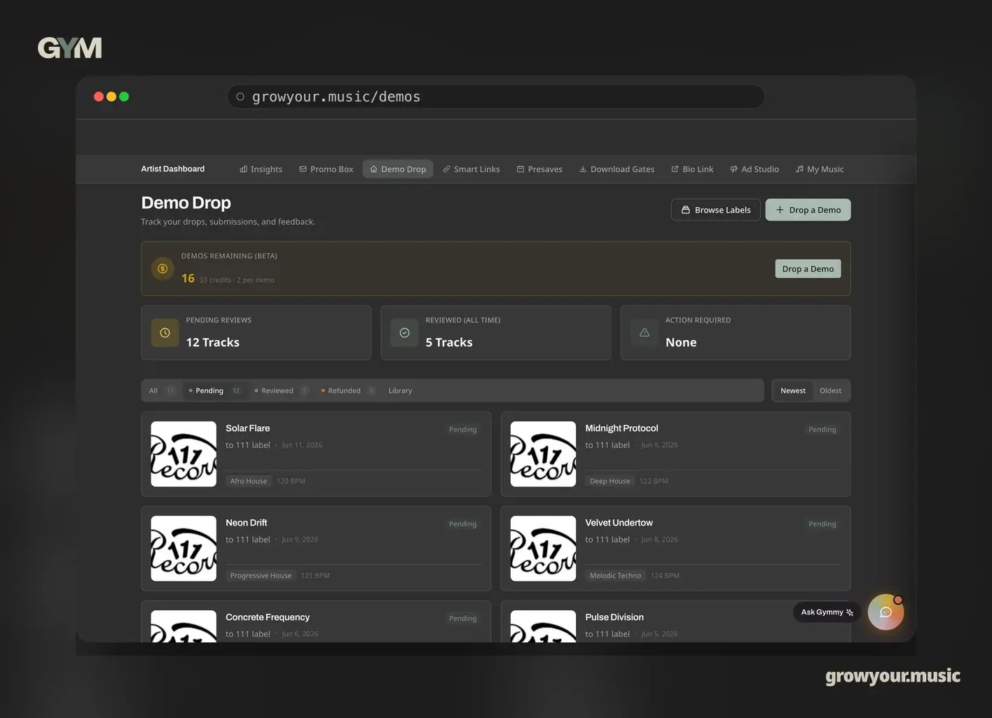 Demo Drop submission flow shown on a desktop computer