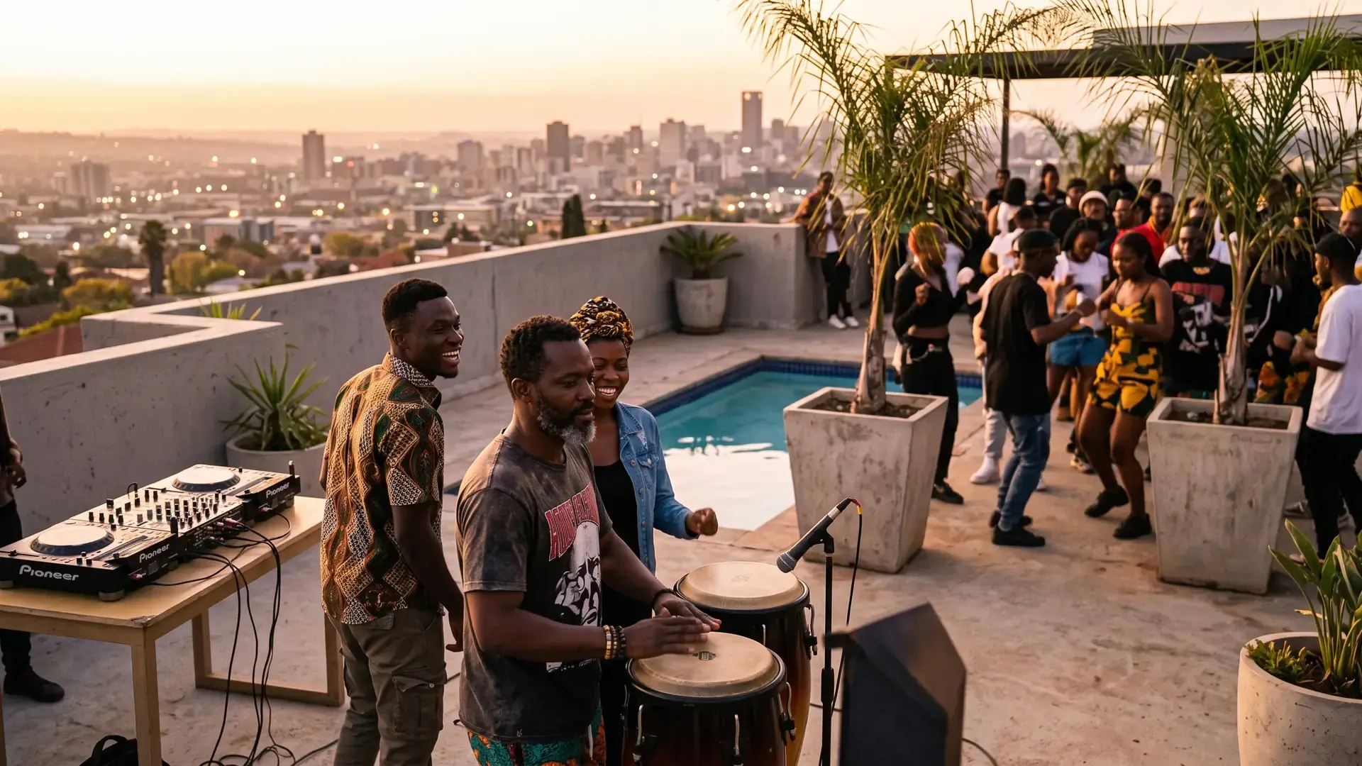 A rooftop villa party above Johannesburg at sunset with live percussion: the afro house label directory