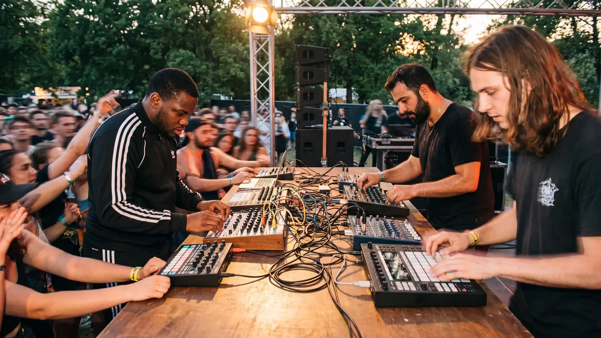 Three producers playing a hardware live set on a small festival stage at dusk: the techno label directory